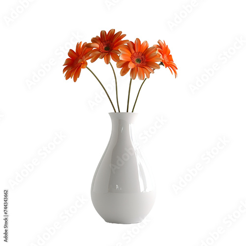 Round shape vase with flowers orange and white, realistic photo, pure white background, solid color fill, simple color scheme, clean and atmospheric isolated PNG