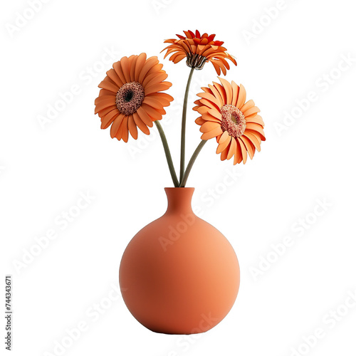 Round shape vase with flowers orange and white, realistic photo, pure white background, solid color fill, simple color scheme, clean and atmospheric isolated PNG © JetHuynh