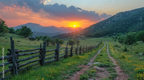 Picturesque landscape  fenced ranch at sunrise.