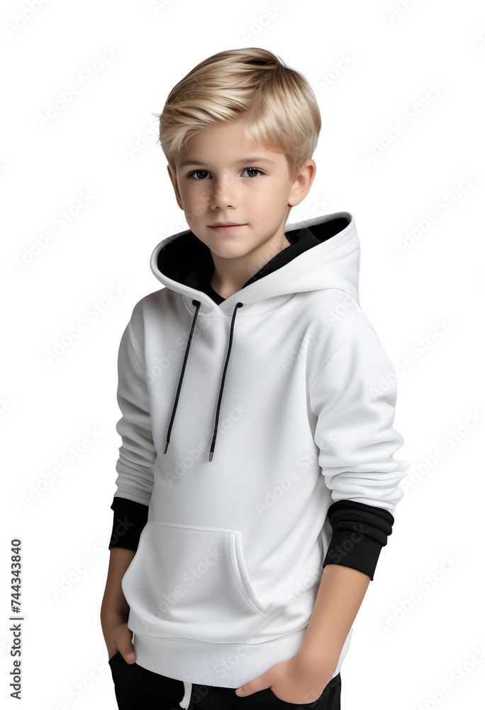 A young boy wearing a black and white hoodie isolated on transparent png background
