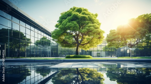Eco architecture. Green tree and glass office building.