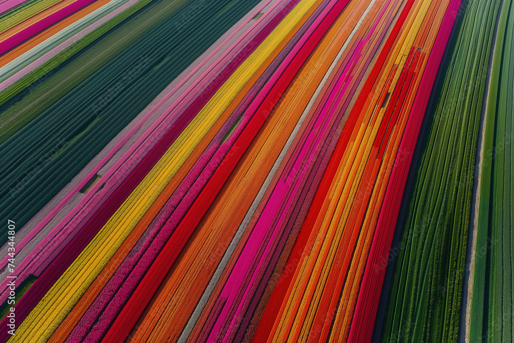 Picturesque tulip flower fields in Holland, Netherlands, scenic aerial view on a beautiful day Picturesque tulip flower fields in Holland, Netherlands, scenic aerial view on a beautiful day