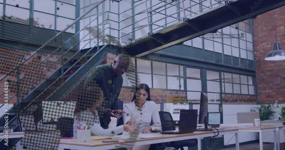 Animation of financial data processing over diverse business people in office Animation of financial data processing over diverse business people in office