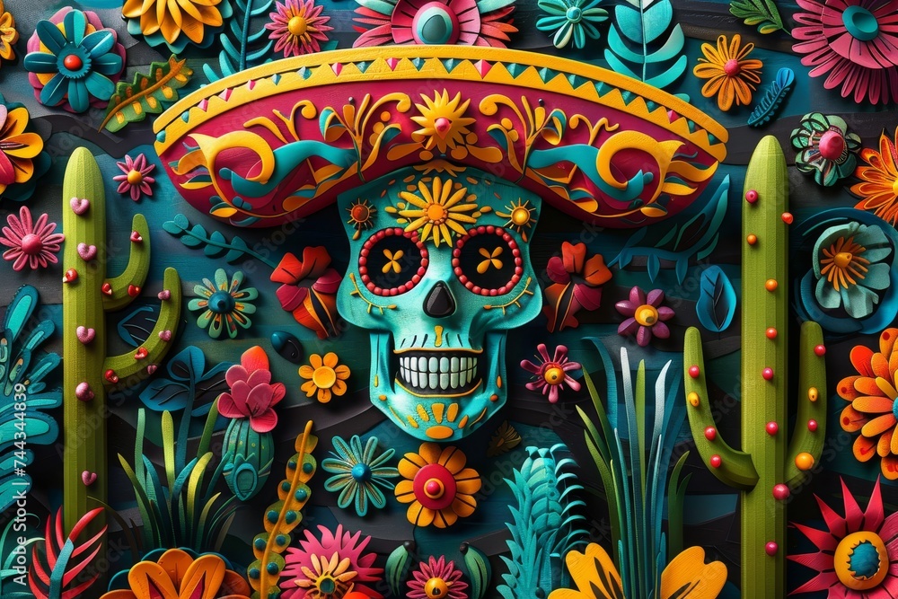 Fototapeta premium A detailed illustration of a Mexican folk art piece, colorful and intricate, representing the rich cultural heritage celebrated during Cinco de Mayo.