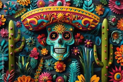 A detailed illustration of a Mexican folk art piece  colorful and intricate  representing the rich cultural heritage celebrated during Cinco de Mayo.