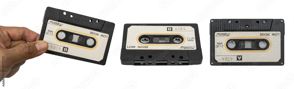 Audio cassette tape isolated. Close up of vintage audio tape cassette.