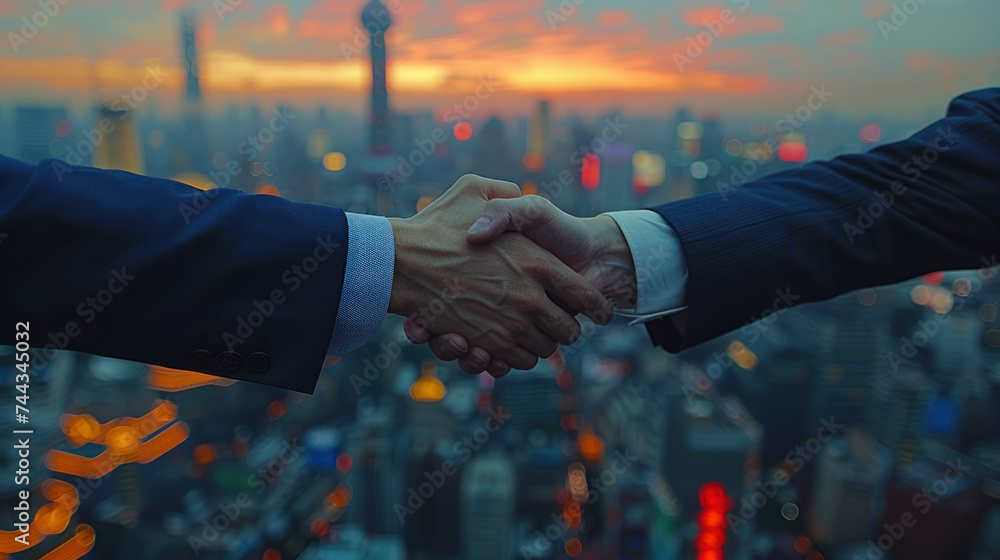 Two People Shaking Hands Over a Cityscape