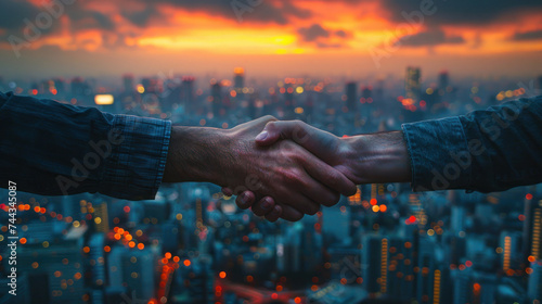 Two People Shaking Hands Over a Cityscape
