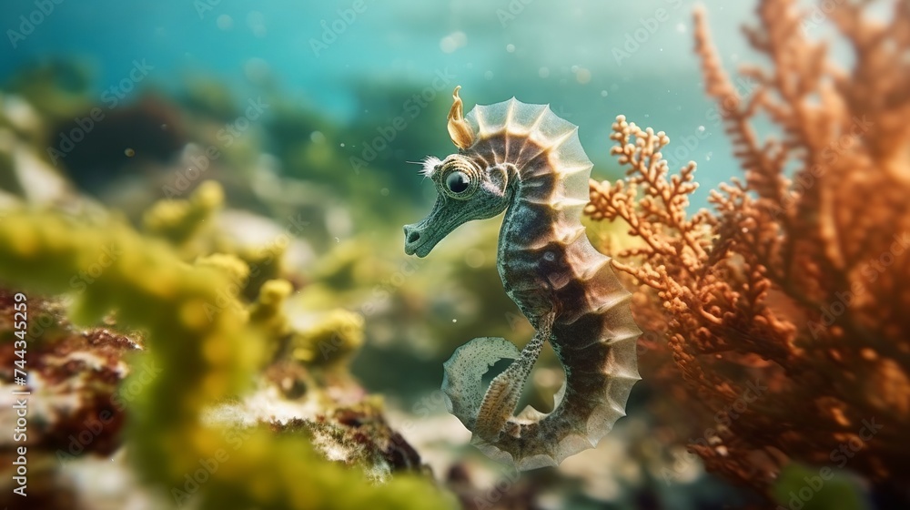 Underwater view of a coral reef with seahorses when viewed up close Underwater view of a coral reef with seahorses when viewed up close