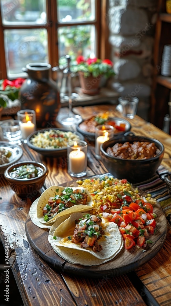 An intimate Cinco de Mayo dinner setting, a rustic wooden table adorned with Mexican textiles, candles, and a spread of homemade tacos and enchiladas.