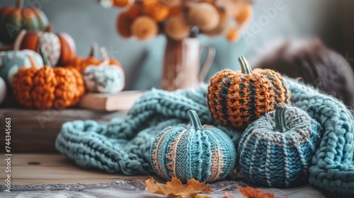 Hobby background with handmade pumpkins. DIY, craft decoration for fall and winter