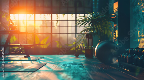 Gym room at morning light by sunrise AI Image Generative.