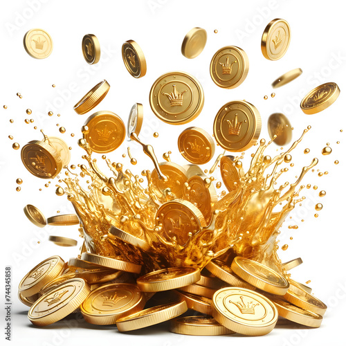a dynamic splash of golden coins, giving the impression of wealth, abundance, and financial success. The coins appear to be in motion, flying out from the center of the splash