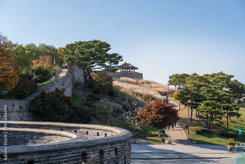 Suwon, South Korea 29 October 2023 Suwon Hwaseong Fortress Wall