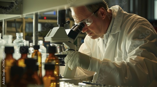 A worker inspecting a batch of newly synthesized monomers under a microscope representing the precision and attention to detail required in modern production ods. photo