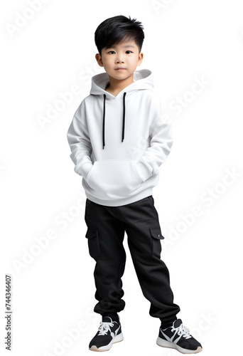 An asian child wearing a white hoodie and black pants on a transparent png background photo