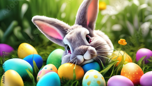 Attractive easter bunny is hiding colorful easter eggs in the garden photo