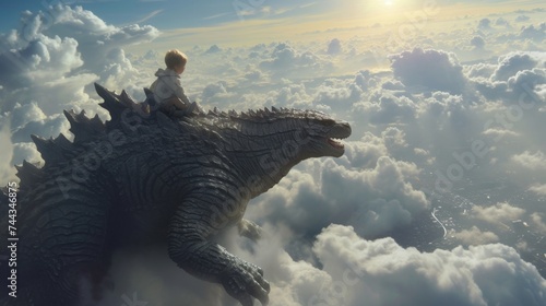 A 3D graphic of an infant on Godzilla's back, soaring above the clouds The infant is awestruck, reaching out to touch the sky, with a detailed cityscape far below Created Using 3D visual effect photo