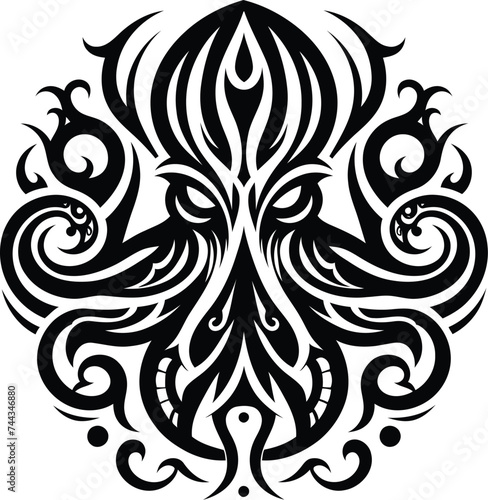 modern tribal tattoos of octopus, kraken, abstract line art, and minimalist contour