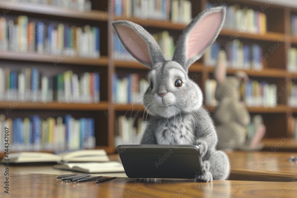 A 3D rendering of a rabbit in a public library, swiftly browsing the internet on a tablet The library is modern and digital-friendly, with other animals also using tech devices, creating a comm