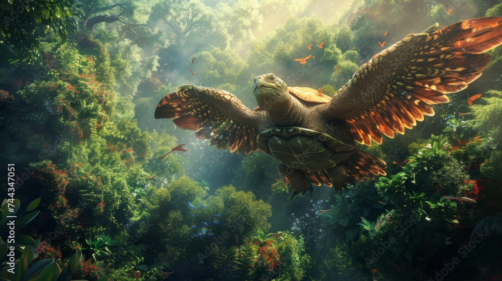 A 3D rendering of a turtle with majestic wings, soaring above a lush, enchanted forest The turtle appears joyful, with detailed, feathered wings, and the forest below teems with vibrant flora a