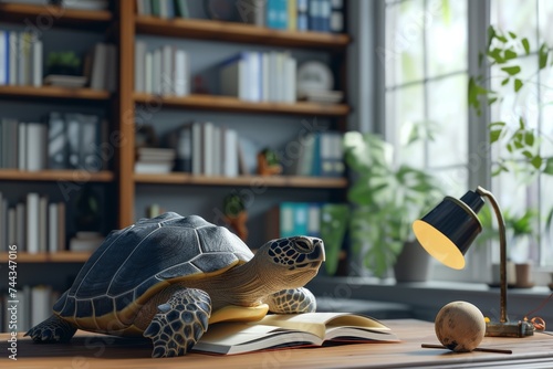 A 3D rendering of a turtle in a modern study room, using speed-reading techniques to absorb information from an open book The room is equipped with various educational tools and gadgets, reflec photo