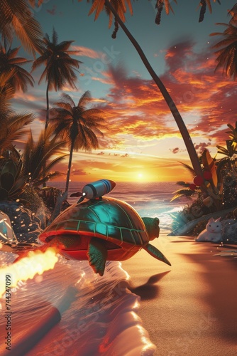 A 3D scene of a turtle with a rocket strapped to its shell, blasting off at the start of a race with a rabbit on a beachside track The background features a sunset, palm trees, and an ocean vie
