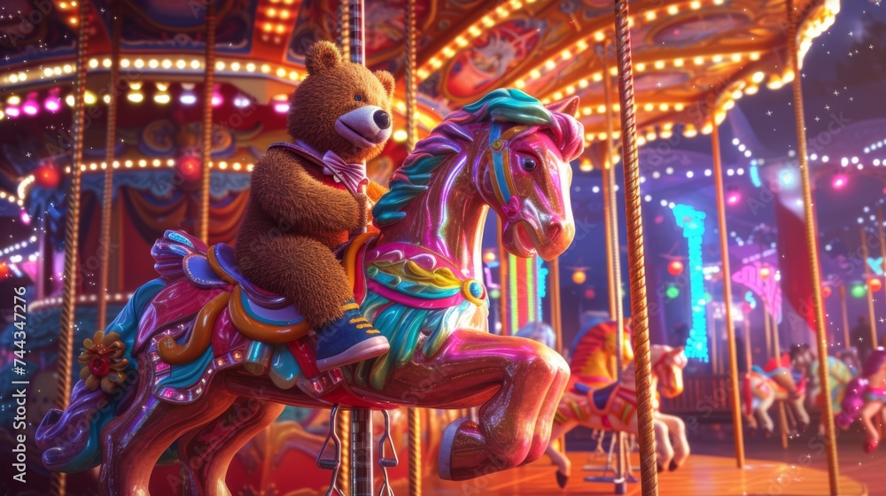 A digital illustration of a cheerful bear sitting on a brightly colored carousel horse, as the carousel spins in a lively amusement park The scene is vibrant and joyful, with lights and festive