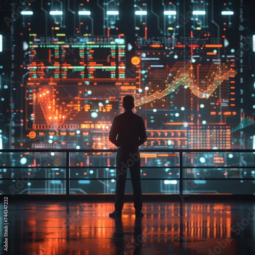 A detailed 3D illustration of a businessman standing in front of a giant digital screen displaying margin future trends and data The scene is set in a futuristic trading floor  bustling with ac