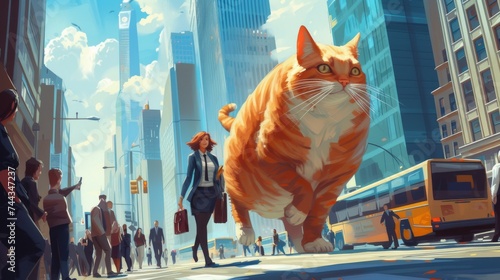 A digital art scene of a giant, friendly cat carrying a businesswoman through a bustling city street to her office The surroundings are lively with morning commuters, and the cat strides confid photo