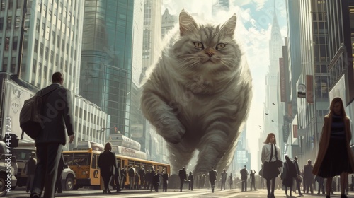 A digital art scene of a giant, friendly cat carrying a businesswoman through a bustling city street to her office The surroundings are lively with morning commuters, and the cat strides confid photo