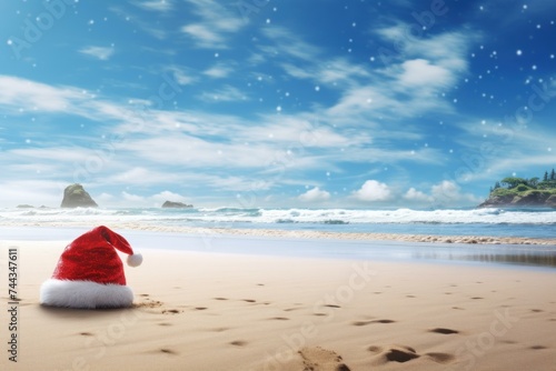 Santa beach hat on sand. Paradise landscape. Generate Ai