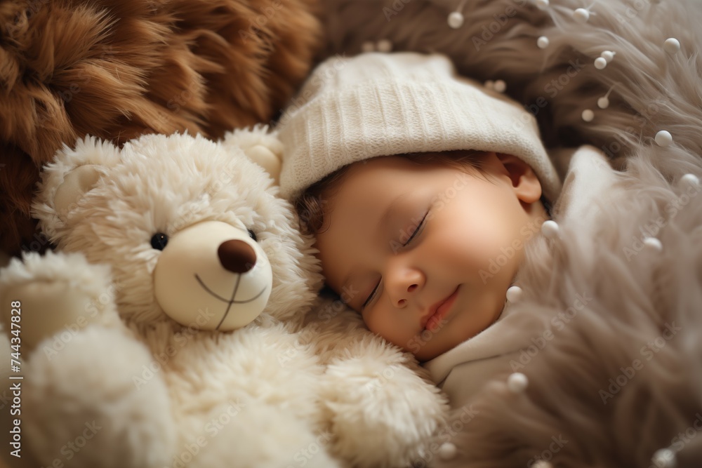 Baby sleep cozy and warm on a big fluffy teddy bear in a modern baby's room