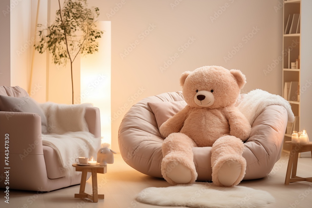 Big fluffy teddy bear in a modern baby's room