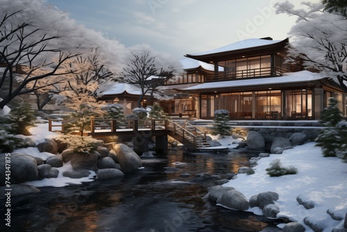 Traditional modern Japanese house with Japanese garden in winter time
