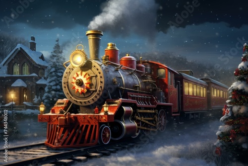 Christmas red train. Art vintage card. Generate Ai