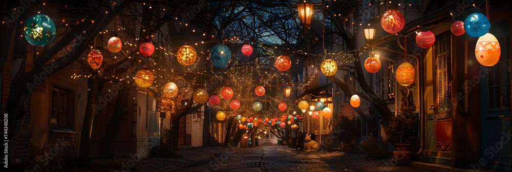 streets filled with lanterns with dim light, Hot air balloons at evening festival celebration, 
