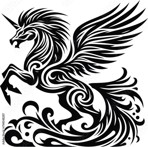 modern tribal tattoo unicorn, pegasus, abstract line art, minimalist contour. Vector