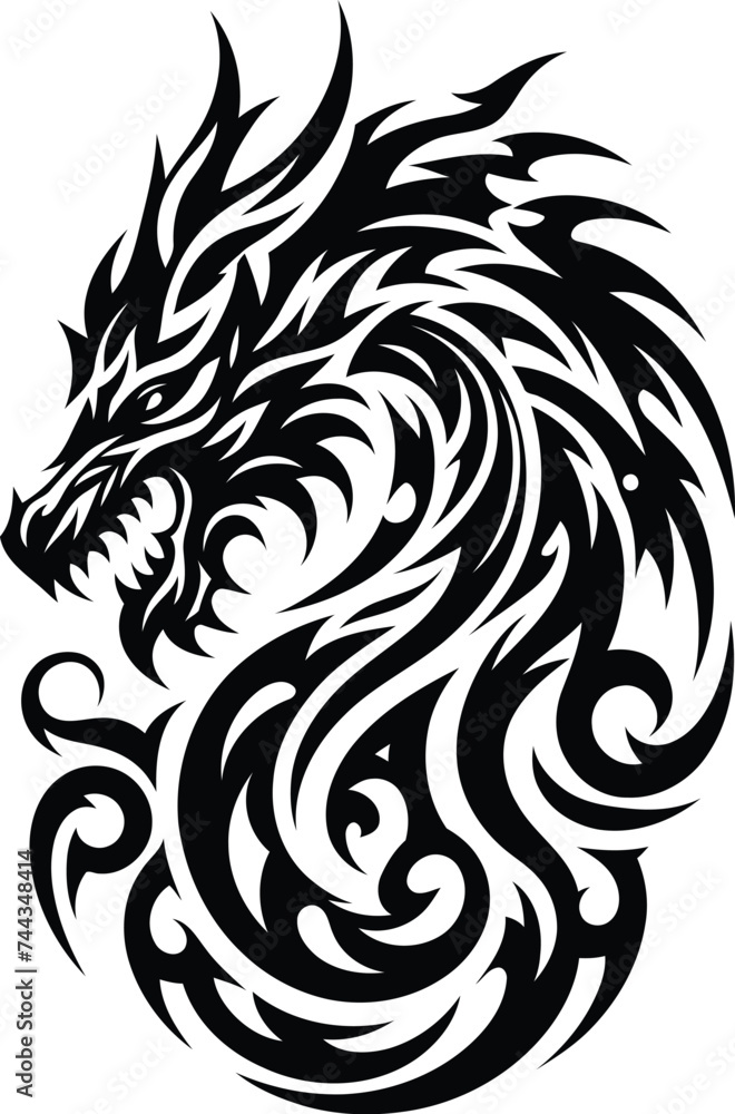 modern tribal tattoo dragon, abstract line art, minimalist contour. Vector