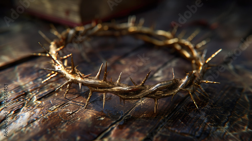 The crown of thorns of Jesus Christ lies on a wooden table