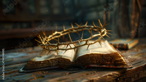 The crown of thorns of Jesus Christ lies on the holy bible
