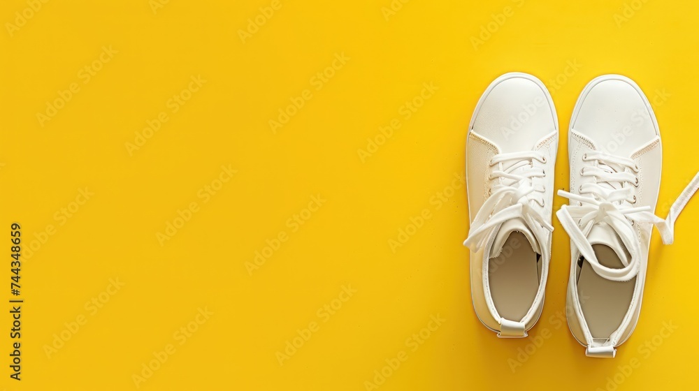 Flat lay composition of white shoes knotted on yellow backdrop, offering room for text. April Fool's Day humor Flat lay composition of white shoes knotted on yellow backdrop, offering room for text. April Fool's Day humor