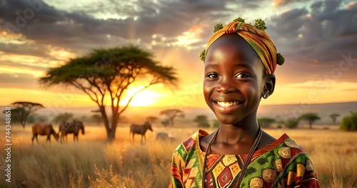 a beautiful girl from Africa, smiling, in bright national clothes, against the background of a savanna with wild animals photo