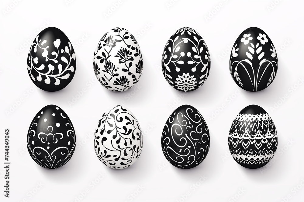 Set of black and white easter eggs with decorative floral patterns on white