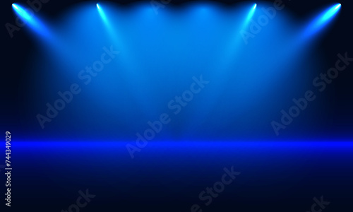 Blue stage lights on a dark background. Vector illustration