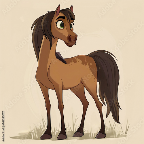 Little brown horse, pony illustration, brown horse cartoon character, filly with brown coloring  