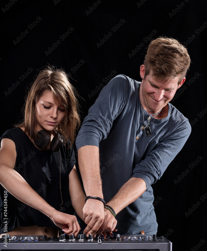 Fototapeta premium Joyous DJ moment captured in shared smiles