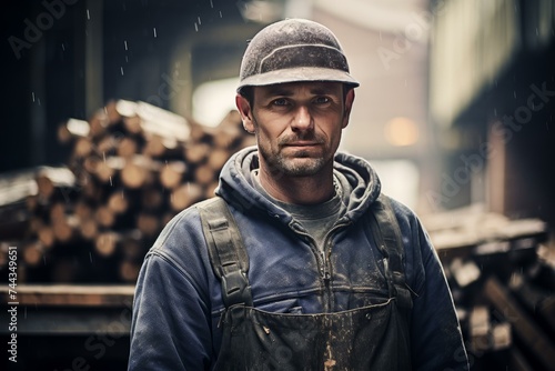 Sawmill worker portrait. Board tool equipment carpenter tree. Generate Ai photo