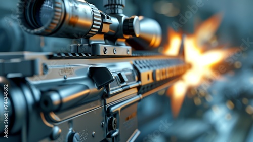 A 3D rendered image of a close-up view of an M16 rifle firing, focusing on the detailed mechanics of the gun, the firing process, and the precise movement of the parts, set in a high-tech milit photo