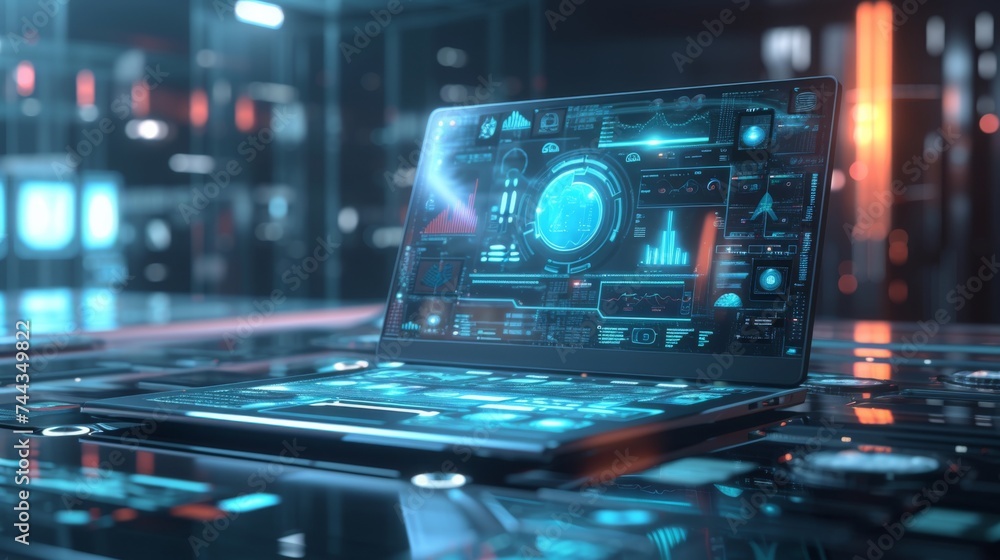 A 3D rendered image of a futuristic laptop with integrated AI technology, featuring a holographic display extending from the screen, showcasing AI-driven tools and applications in a sophisticat A 3D rendered image of a futuristic laptop with integrated AI technology, featuring a holographic display extending from the screen, showcasing AI-driven tools and applications in a sophisticat